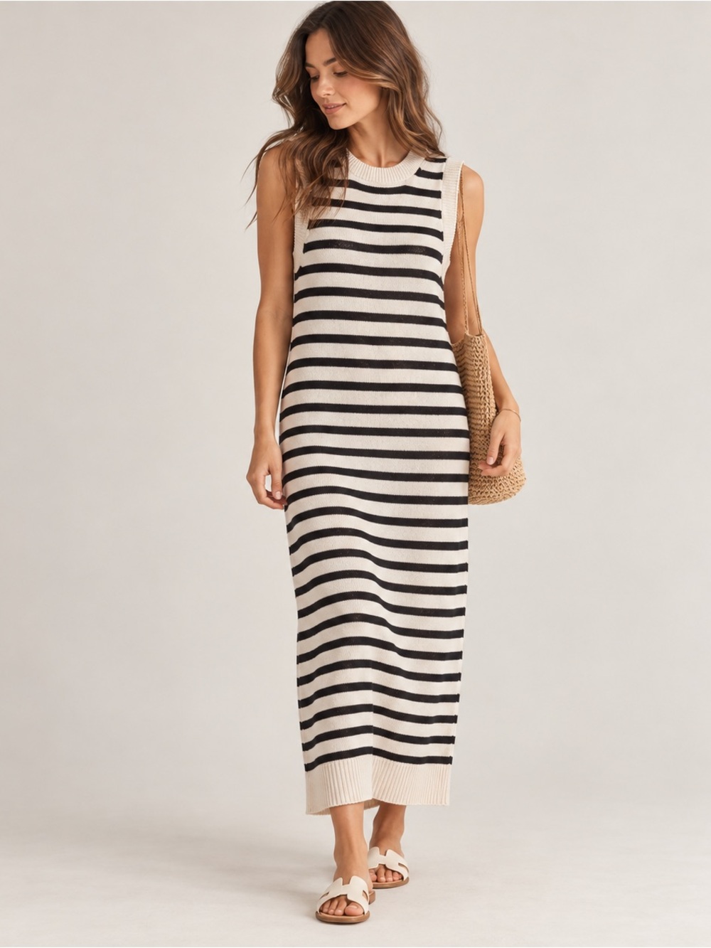Part Two Cotton Linen Striped Knit Maxi Dress Scandinavian Minimalist Size L